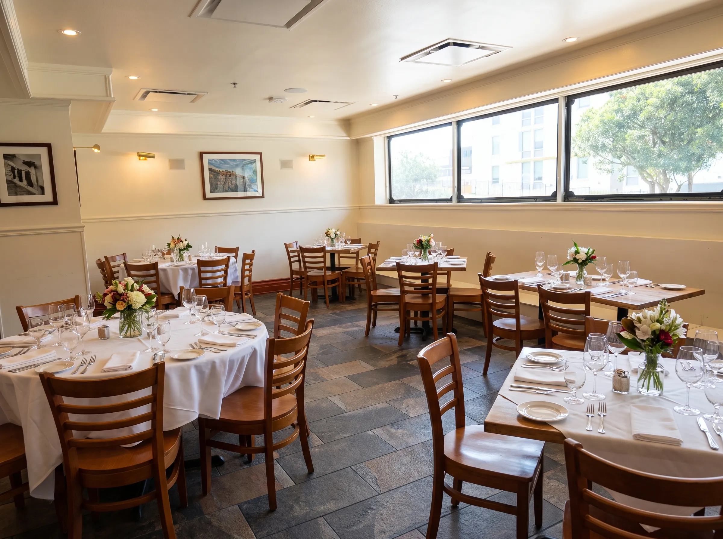 Panfila second dining room with round tables, florals and tall windows