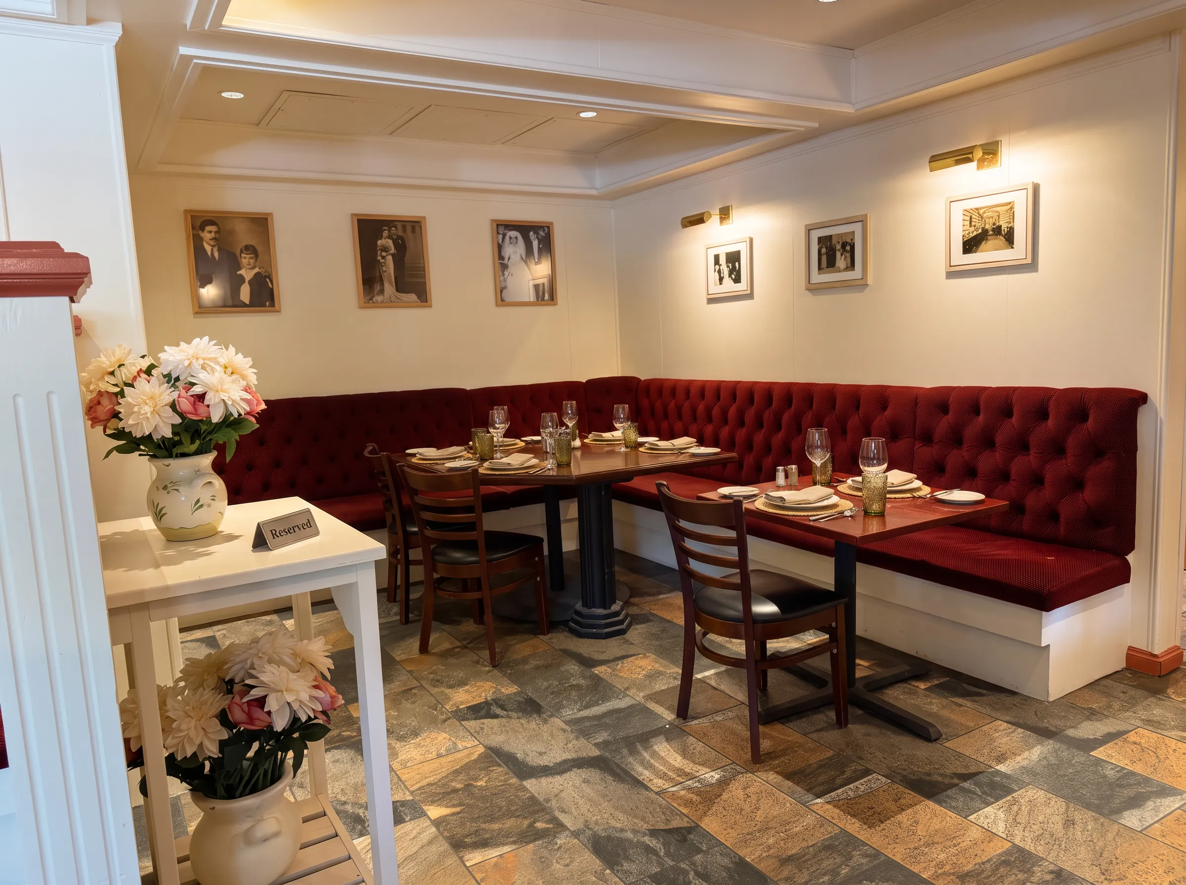 Panfila's private dining room set with white tablecloths, floral centrepieces and framed family portraits